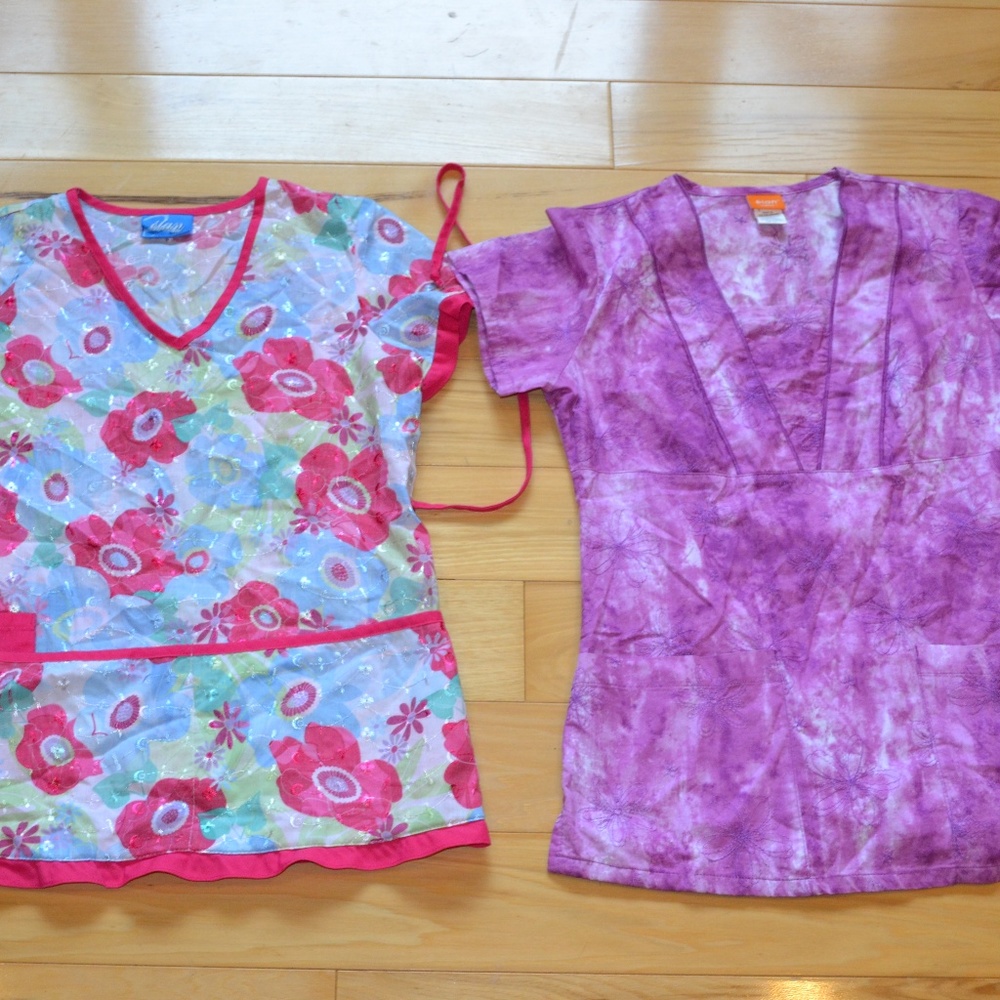 2 scrub tops barco Elan uniform XS pink purple